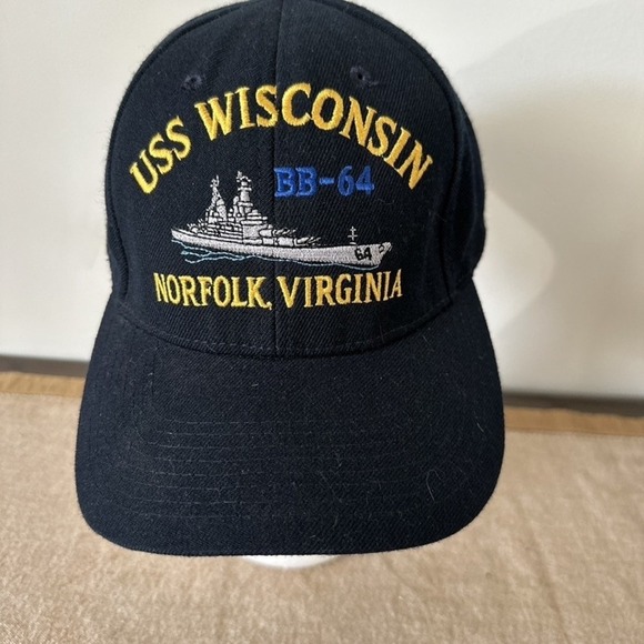 USS Wisconsin Hat Cap Strap Back Embroidered Ship Norfolk Virginia Mens Navy Mil - Picture 1 of 8